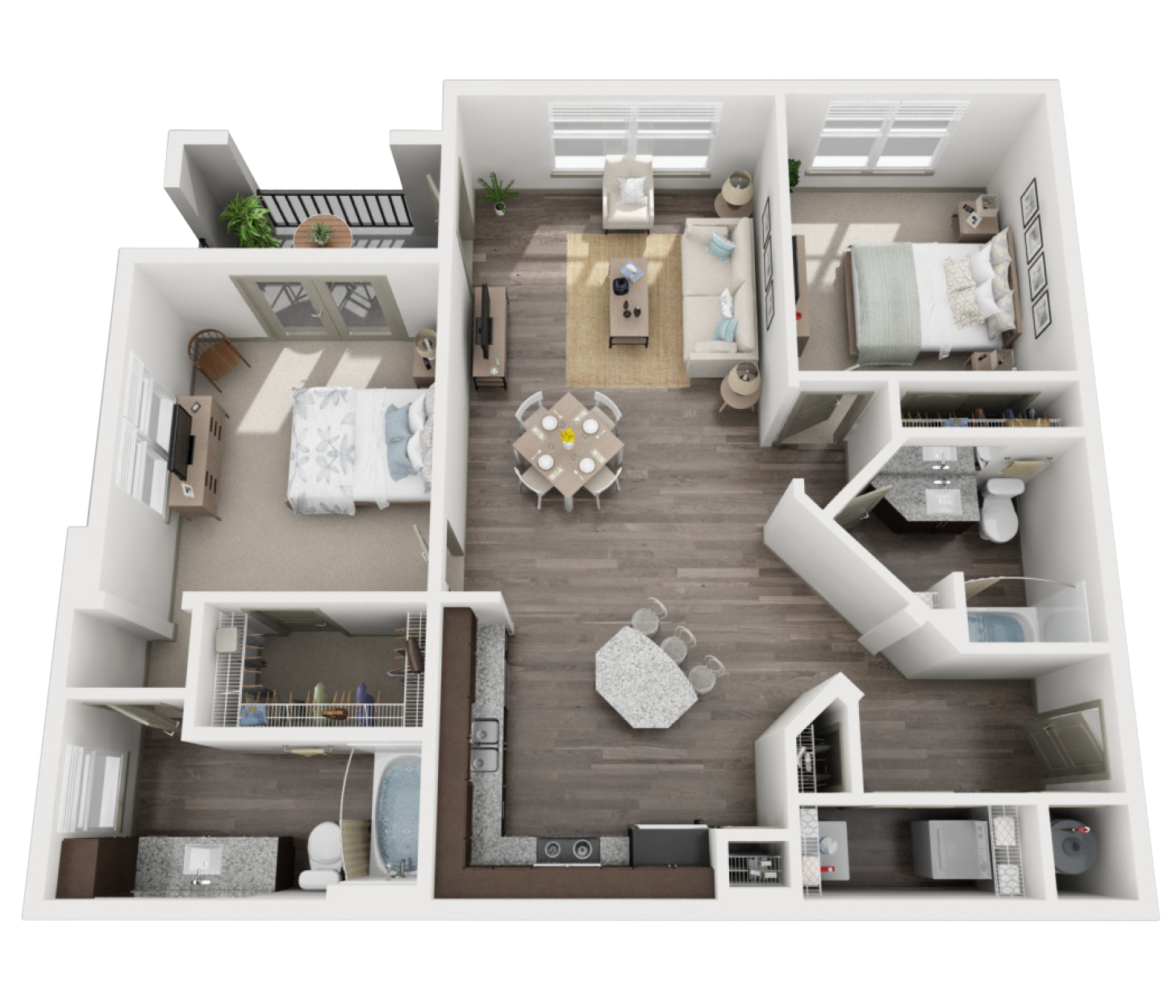 Floor plan for 2 beds, 2 baths, 1128 sqft